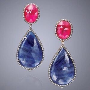 Elegant Ruby and Blue Onyx Drop Earrings with Rose cut diamonds